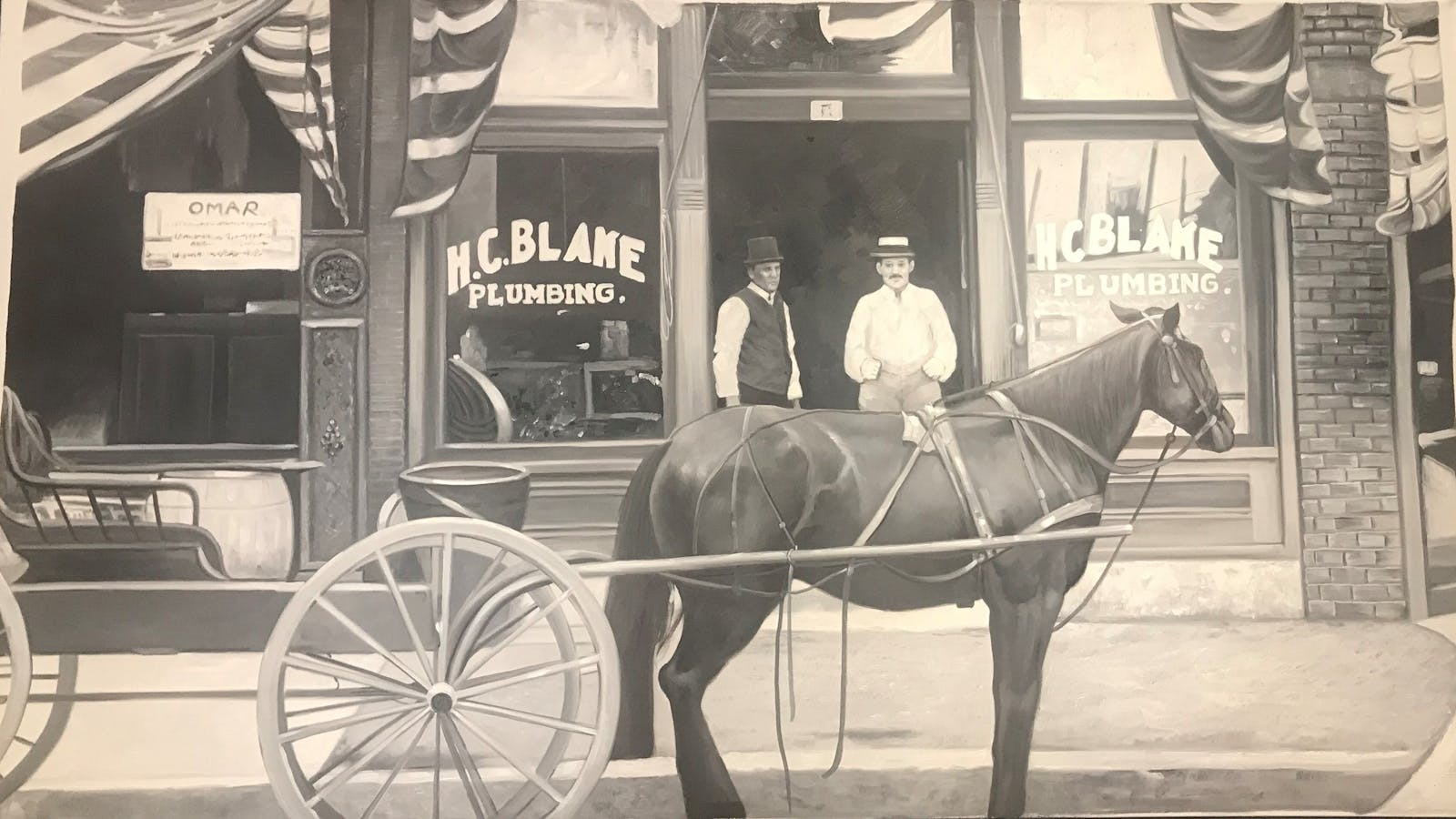 a historic depiction of the HC Blake storefront in historic Huntsville, Alabama