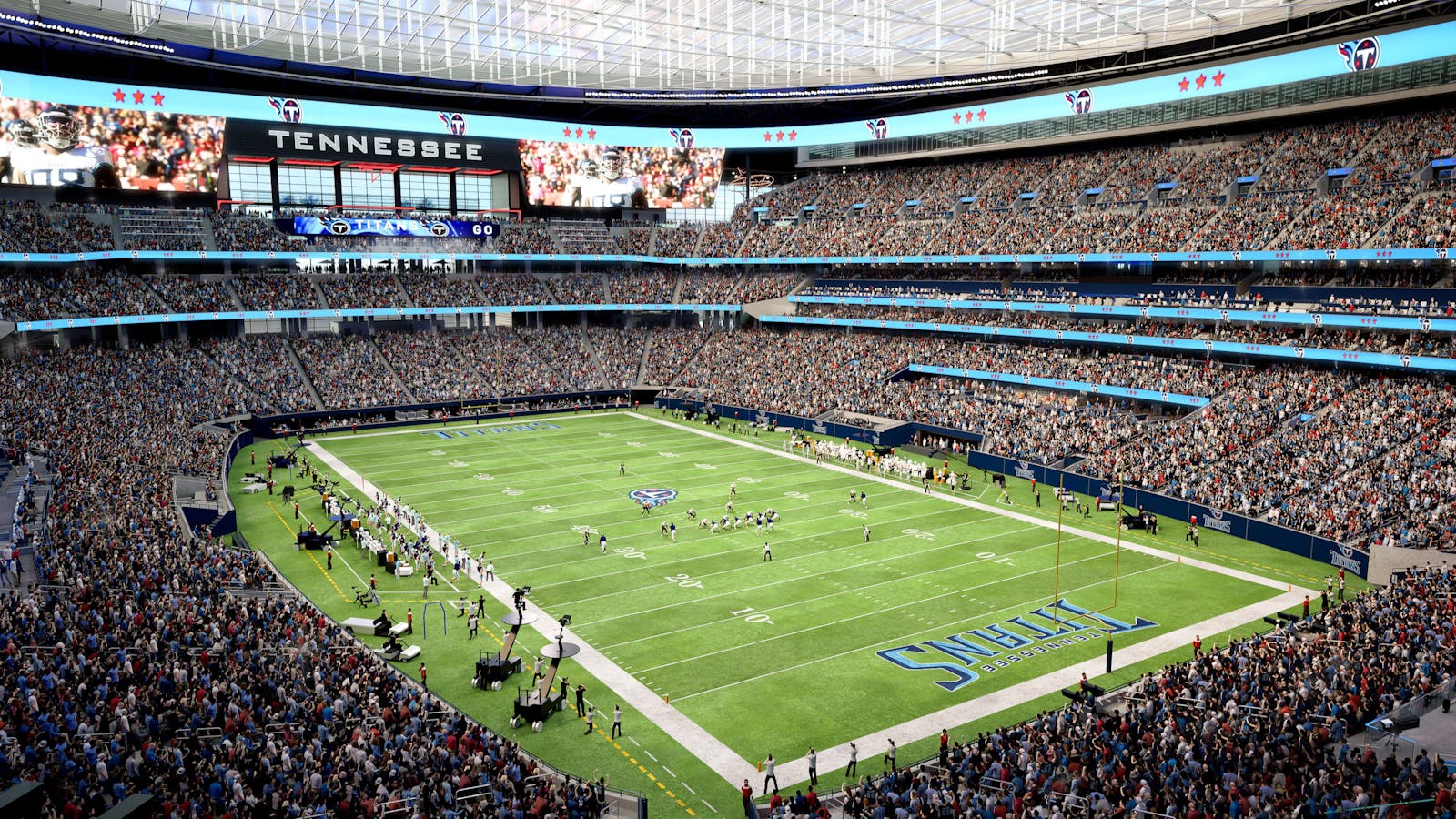 the Tennessee Titans football field inside the new Nissan Stadium