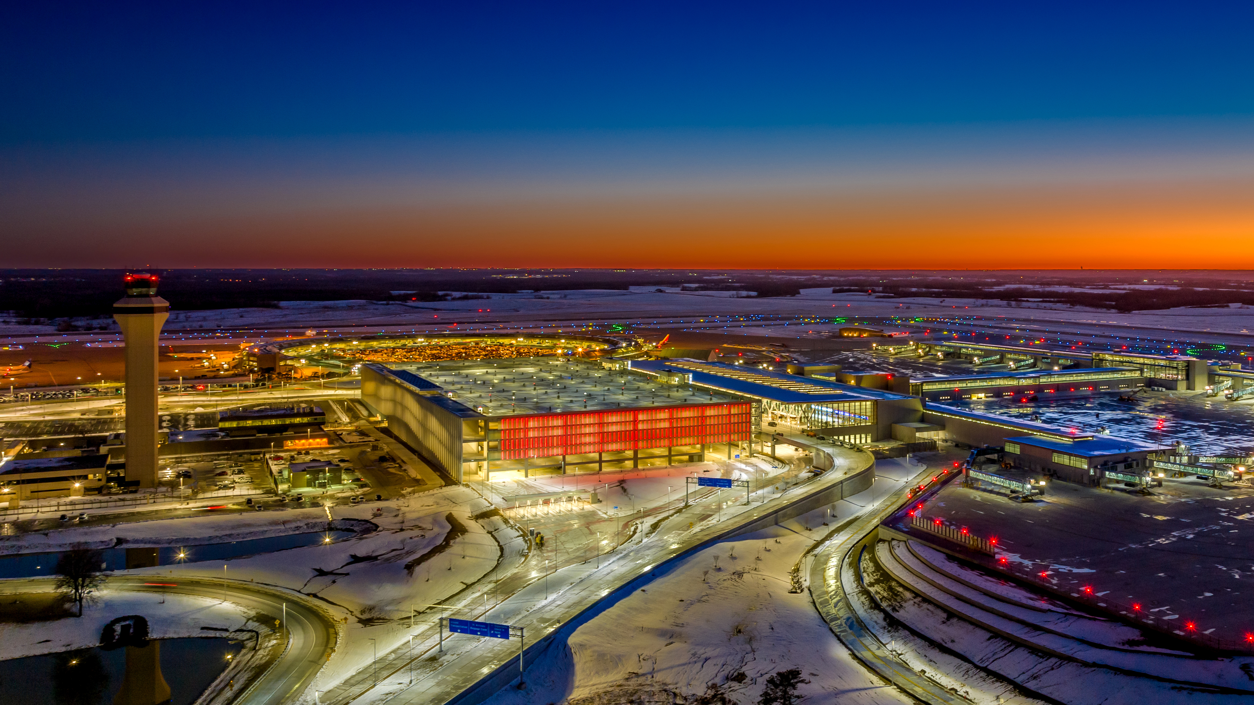 an aerial shot of the Kansas City International Airport