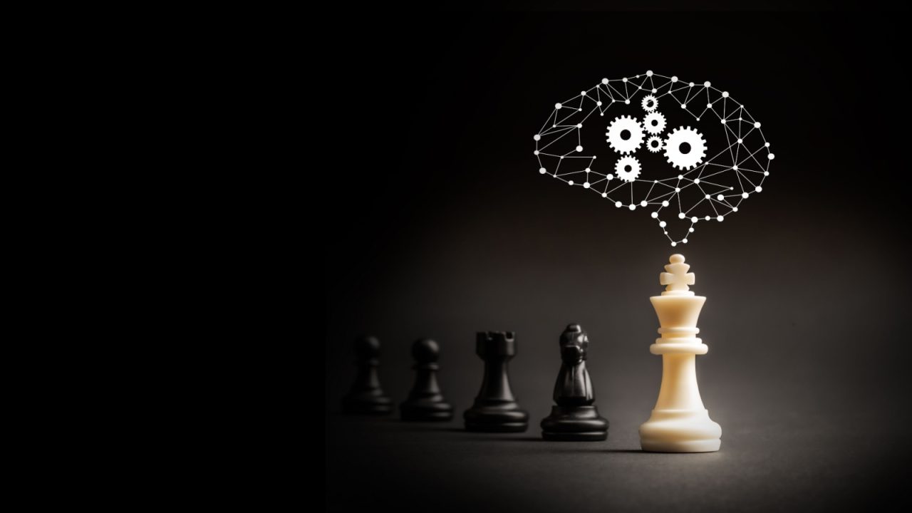 a line of chess pieces with an outline of a brain with spinning cogs and wheels