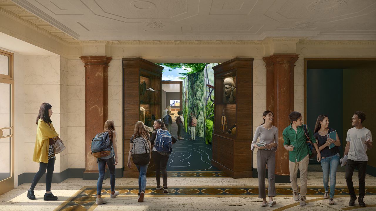 Groups of people walking around inside of the new National Geographic Museum in Washington, D.C.