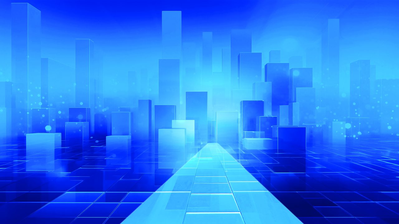 A path to a city of blue buildings