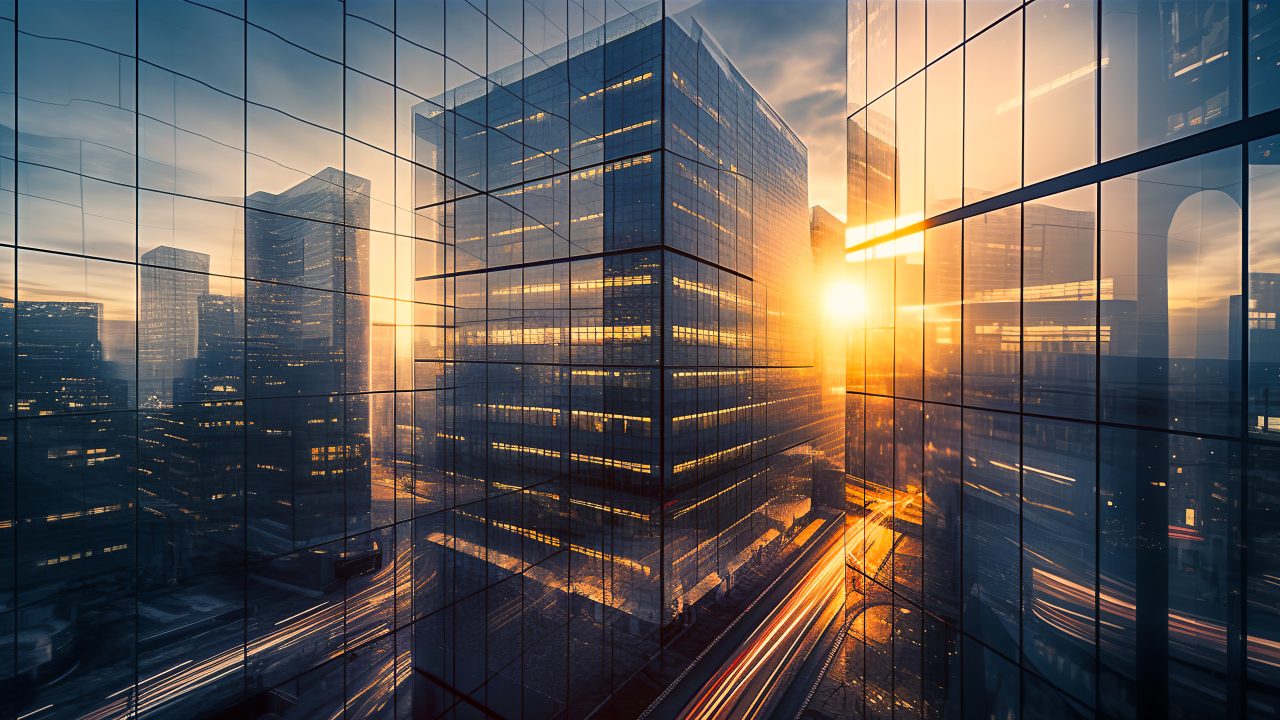A sunrise over the street of glass skyscrapers of the business city; futuristic architecture of a financial building;