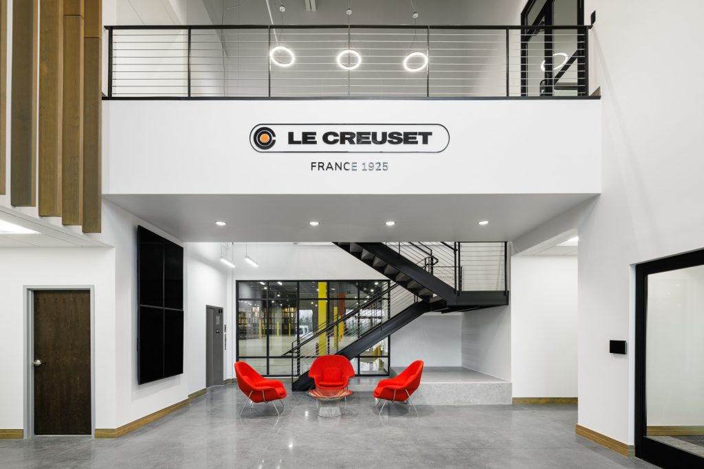 Inside the lobby of Le Creuset’s new distribution center in Early Branch, South Carolina.
