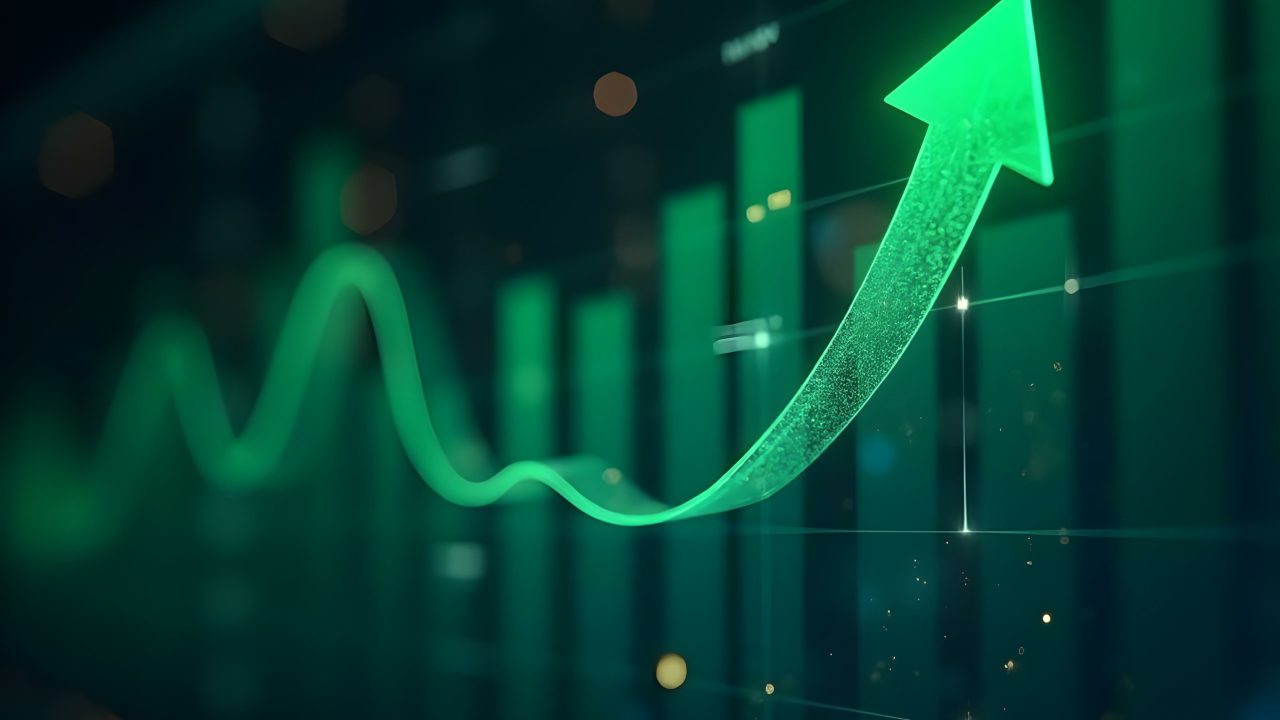 A glowing green upward arrow and fluctuating line graph against a dark background, representing financial or market growth.