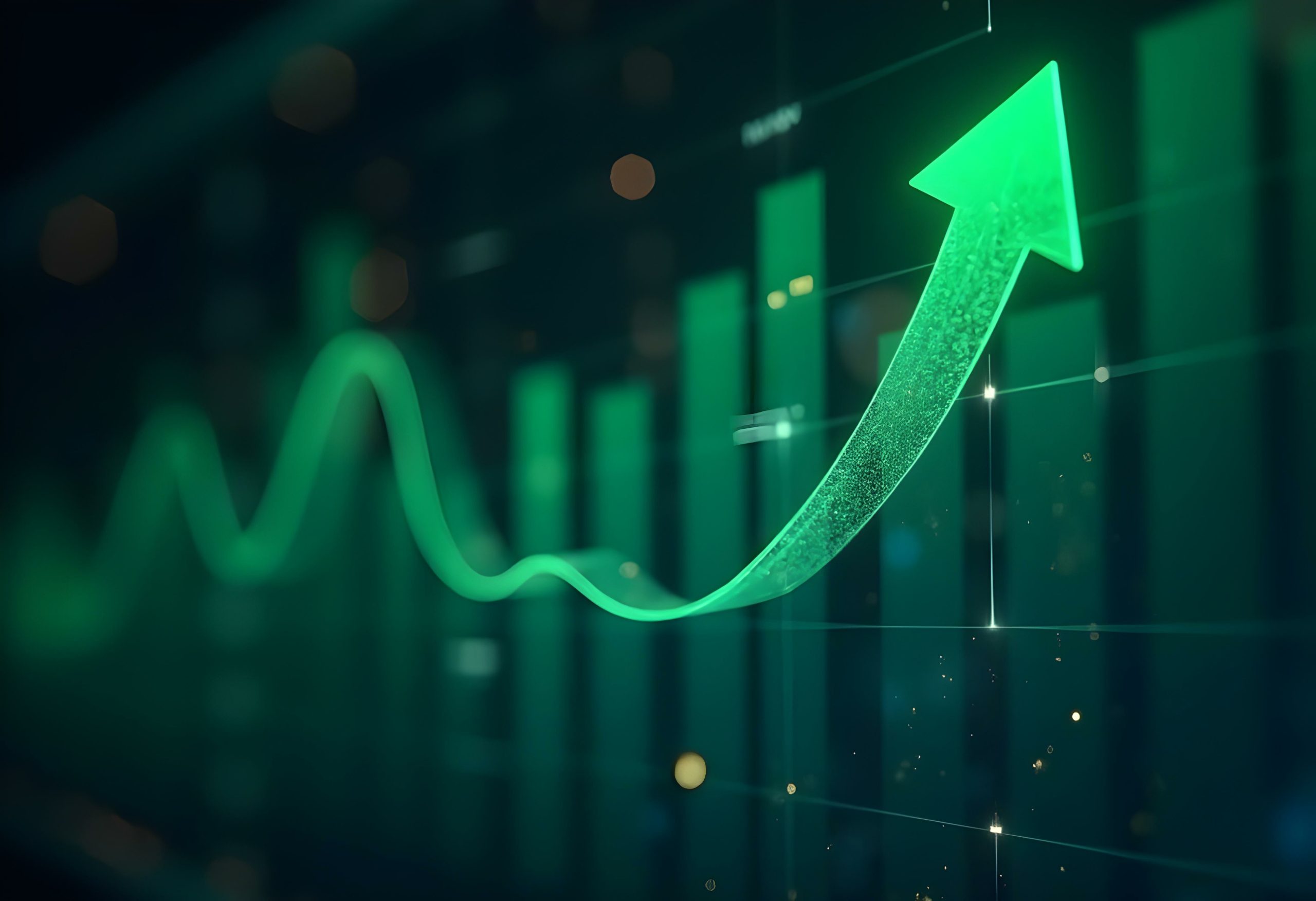 A glowing green upward arrow and fluctuating line graph against a dark background, representing financial or market growth.