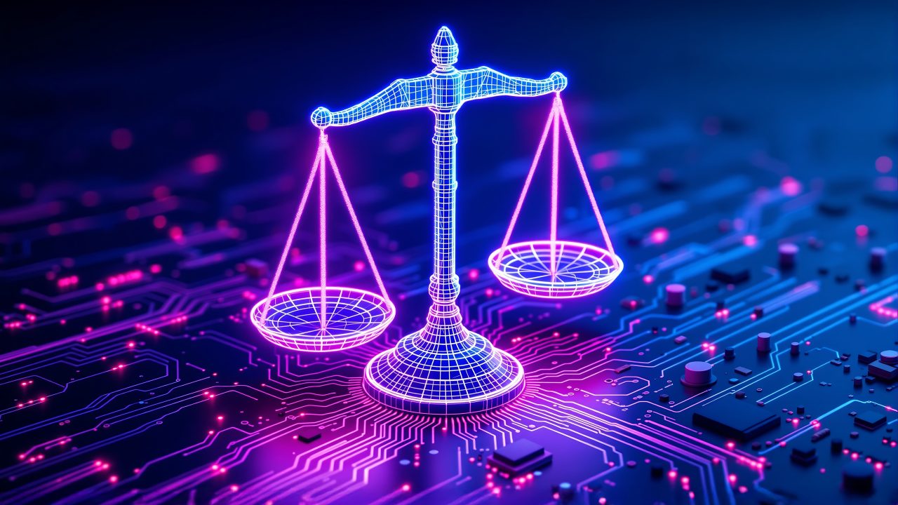 A glowing wireframe scale of justice rendered in neon blue and purple, balanced on a circuit board surface representing the intersection of law and technology.
