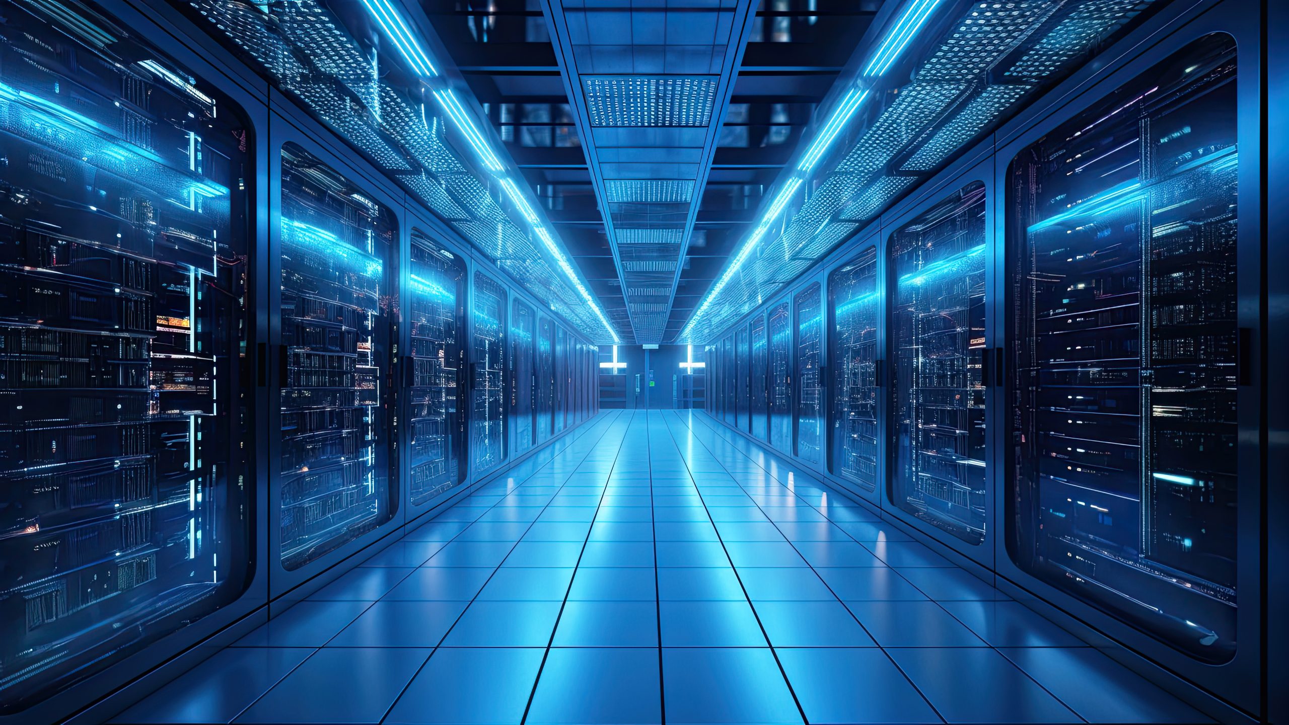 A corridor of illuminated server racks stretching into the distance inside a modern data center, bathed in blue light.