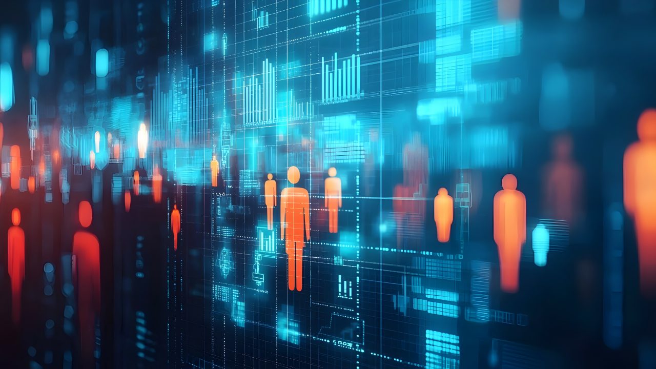 A digital illustration of glowing orange and red human figure icons arranged across a blue data grid background, representing workforce analytics or human resources technology.