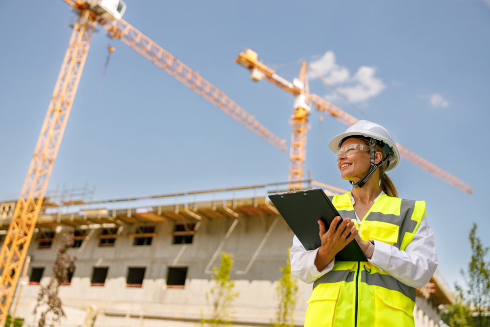 "Female construction worker wearing a hard hat, safety glasses and high-visibility vest, holding a clipboard on a jobsite with cranes and a building under construction in the background