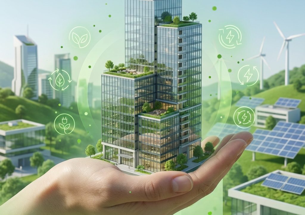 A hand holding a miniature green glass skyscraper surrounded by sustainability icons, with wind turbines, solar panels and green-roofed buildings in the background.