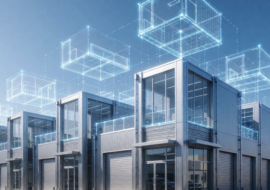 "AI-generated illustration of a small-bay flex industrial building with glowing digital wireframe modules floating above, representing modular and adaptable construction design.