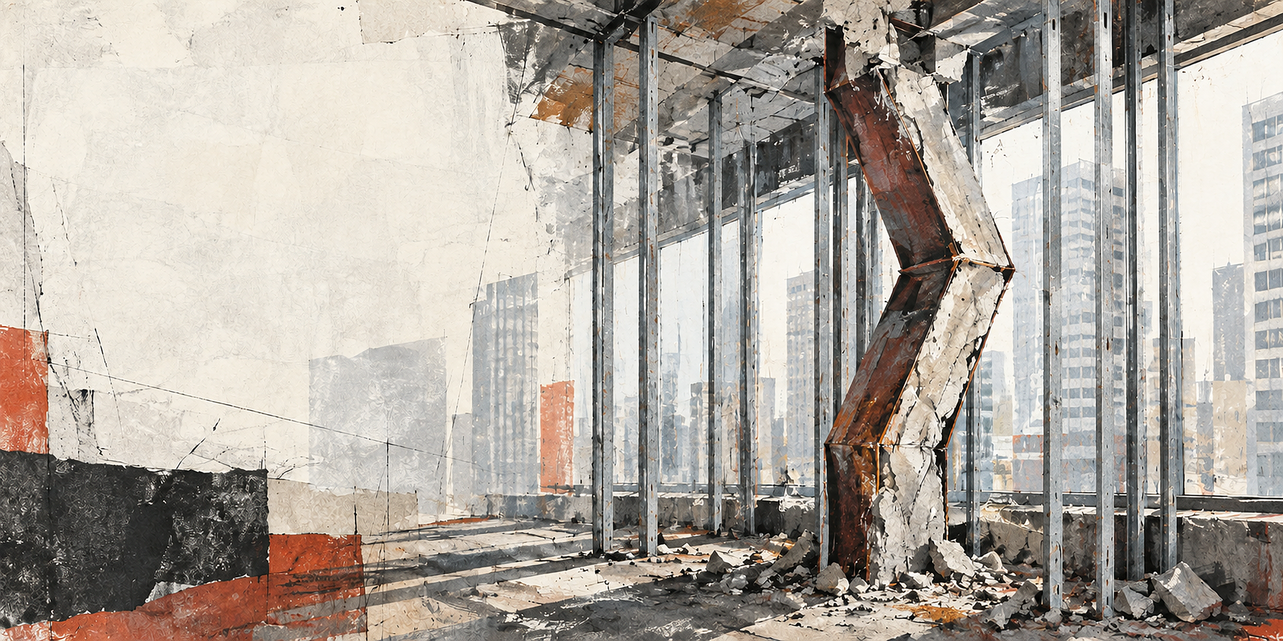 An abstract, painterly illustration of an unfinished high-rise interior with a buckled, rusted steel column surrounded by fallen concrete debris, thin vertical framing members and a hazy city skyline visible through the open walls.