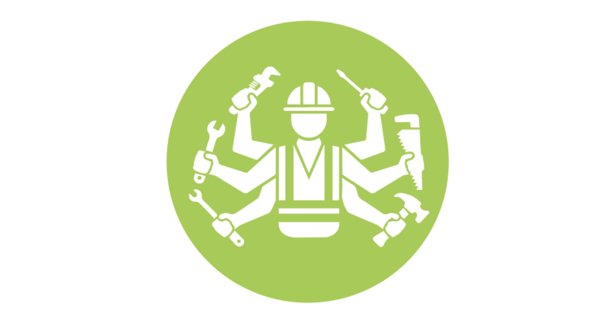 Icon of a multi-armed construction worker in a hard hat holding various tools, representing multiskilling.