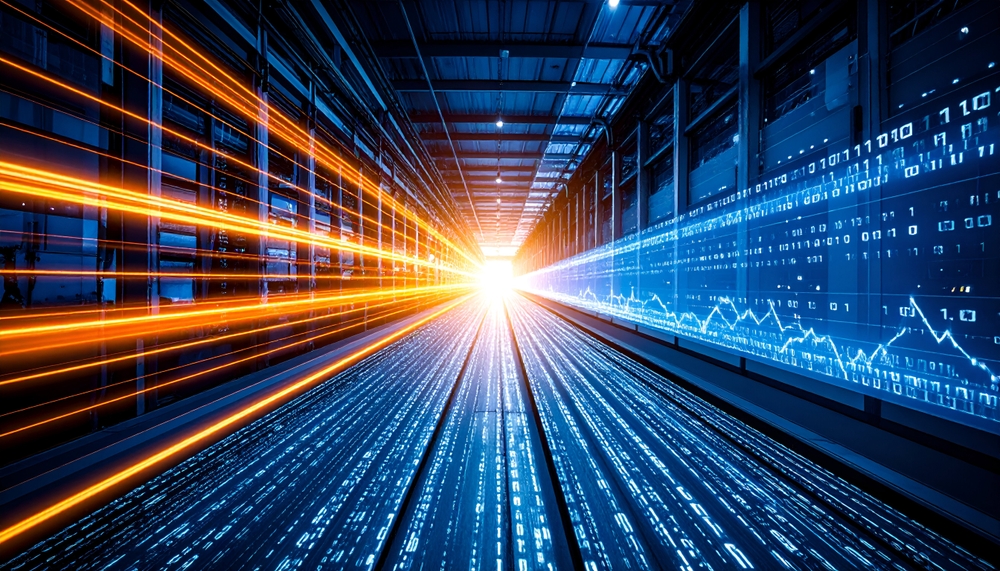 A long data center corridor lined with server racks, with streaks of orange light on the left, glowing blue binary code and rising line graphs on the right and across the floor, all converging on a bright white light at the far end.